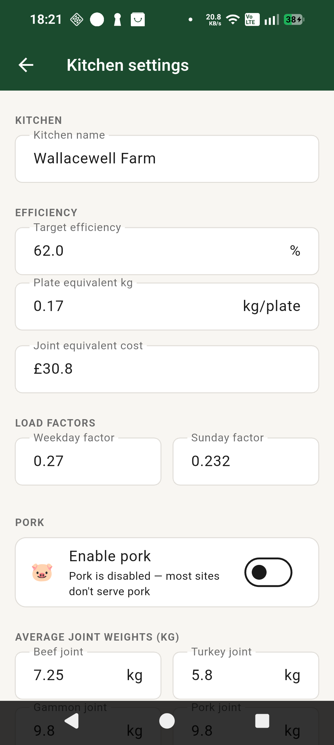 Kitchen settings screenshot